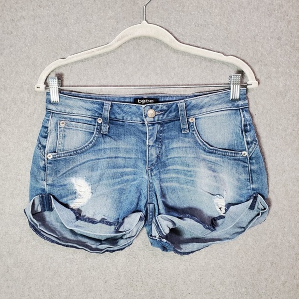 Bebe Women Shorts‎ 24 Blue Denim Distressed Cuffed Pockets Inseam 2"